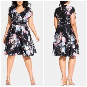 City Chic Women's Floral Flourished V-Neck Fit & Flare Cap Sleeves Dress Size 16